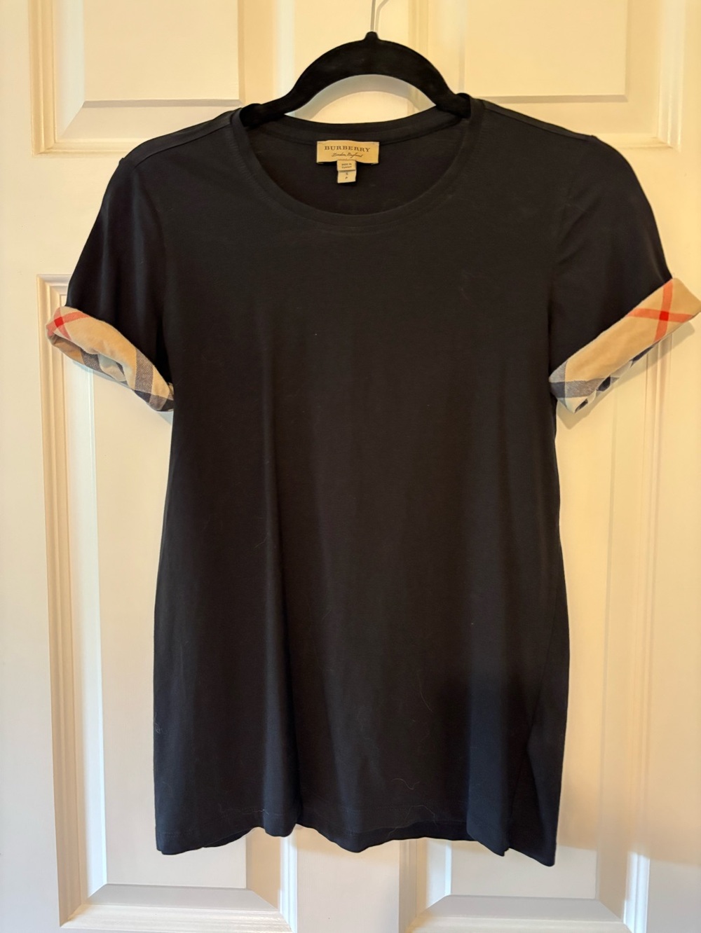 Burberry Black Short Sleeve Tee with Signature Check Roll Cuffs